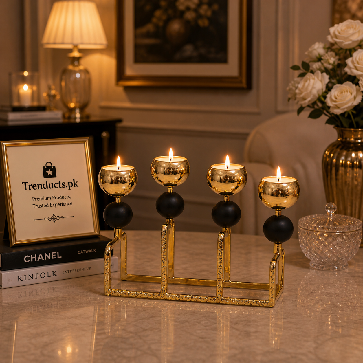 Luxurious 4-Pillar Gold & Matte Black Decorative Candle Stand