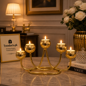 Elegant 5-Cup Golden Metal Arched Candle Stand