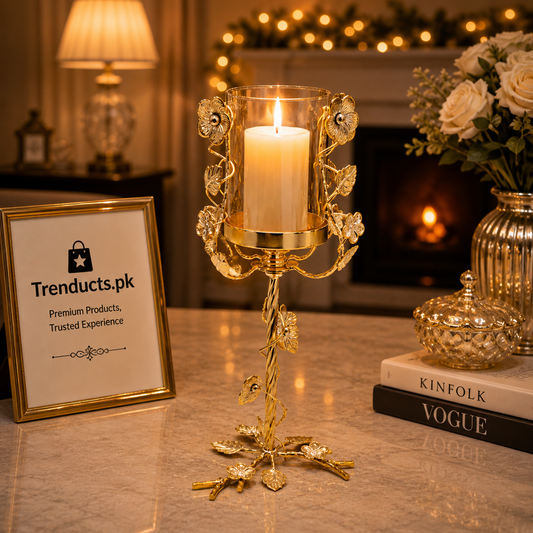 Exquisite Floral Golden Metal & Glass Hurricane Candle Stand