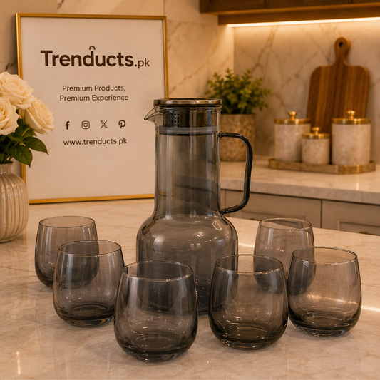 Aero Luxe 7-Piece Ribbed Glass Carafe & Hexagonal Tumbler Set