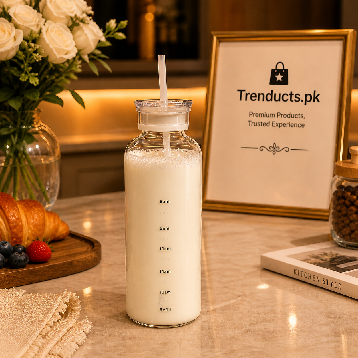 Motivational Time-Marked Glass Water & Milk Bottle – 1000ml Large Capacity