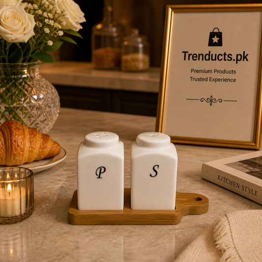 Elegant Ceramic Salt & Pepper Shaker Set with Bamboo Tray