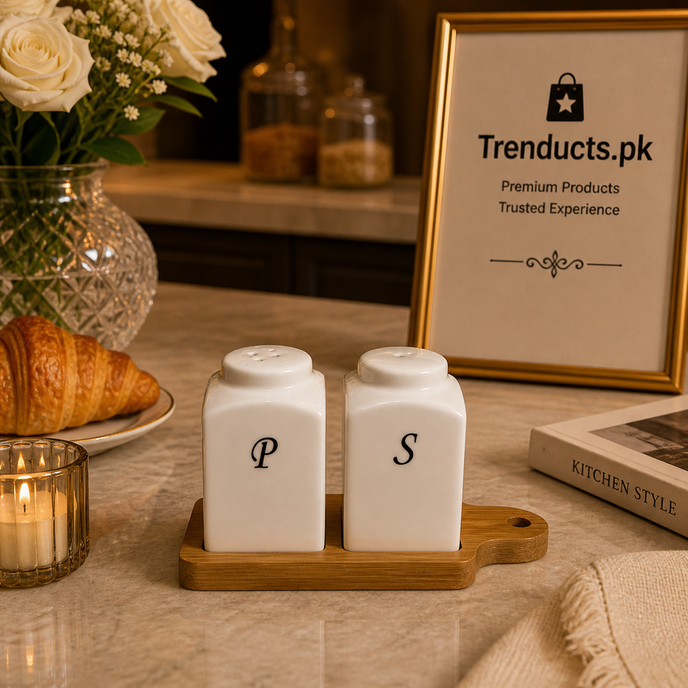 Elegant Ceramic Salt & Pepper Shaker Set with Bamboo Tray