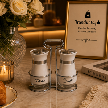 Modern Curved Salt & Pepper Shaker Set with Chrome Stand