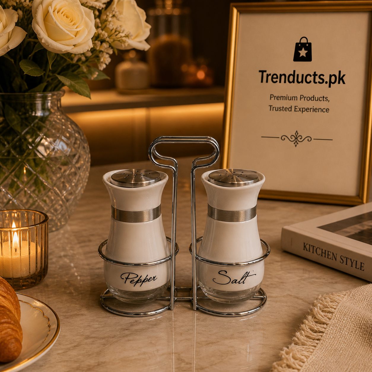 Modern Curved Salt & Pepper Shaker Set with Chrome Stand