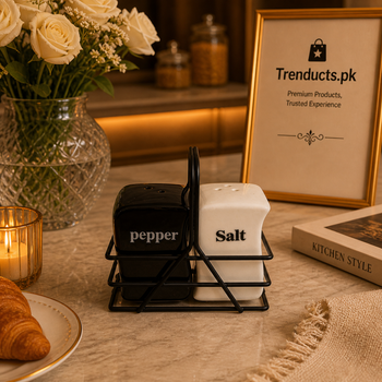 Ceramic Salt & Pepper Shaker Set with Matte Black Rack