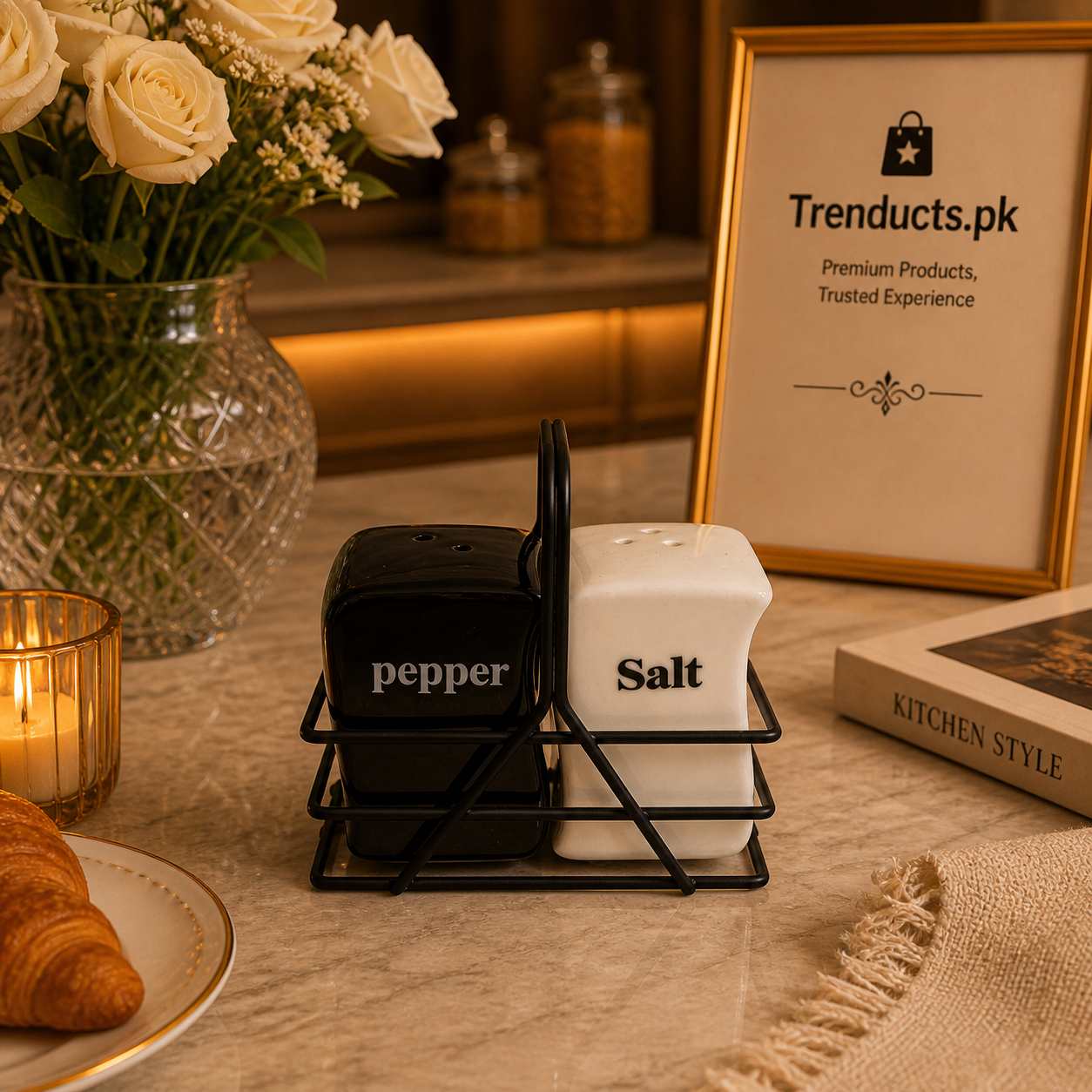 Ceramic Salt & Pepper Shaker Set with Matte Black Rack