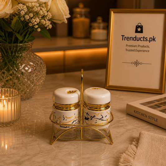 Luxury Marble-Finish Salt & Pepper Shaker Set with Gold Stand