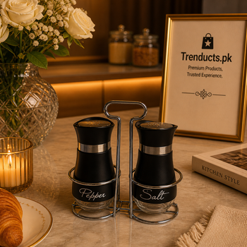 Premium Matte Black Salt & Pepper Shaker Set with Chrome Stand