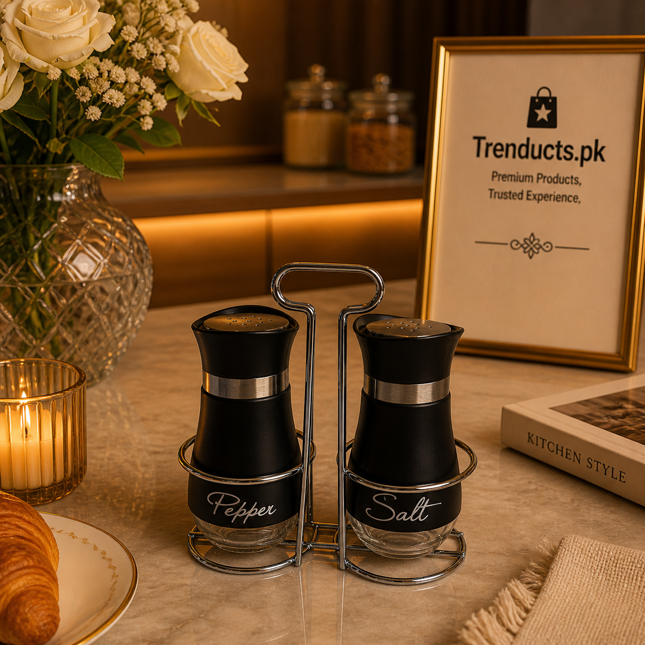 Premium Matte Black Salt & Pepper Shaker Set with Chrome Stand