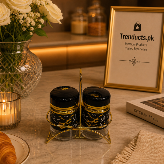 Luxury Black Marble Salt & Pepper Shaker Set with Gold Caddy