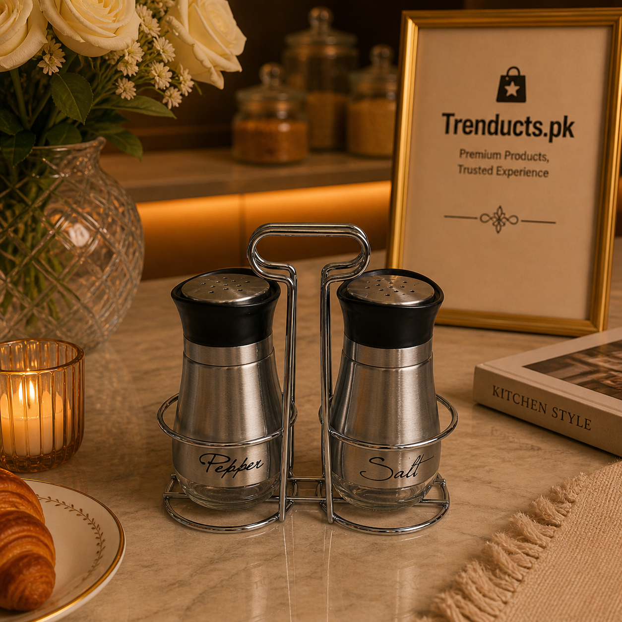 Premium Stainless Steel Salt & Pepper Set with Chrome Stand