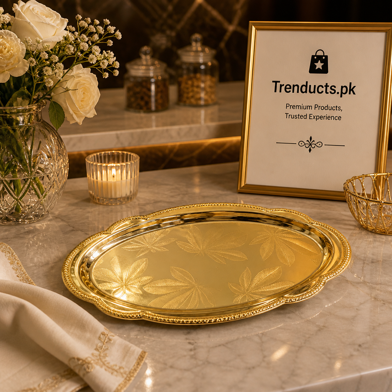 Luxurious Golden Engraved Stainless Steel Serving Tray(17x28cm)