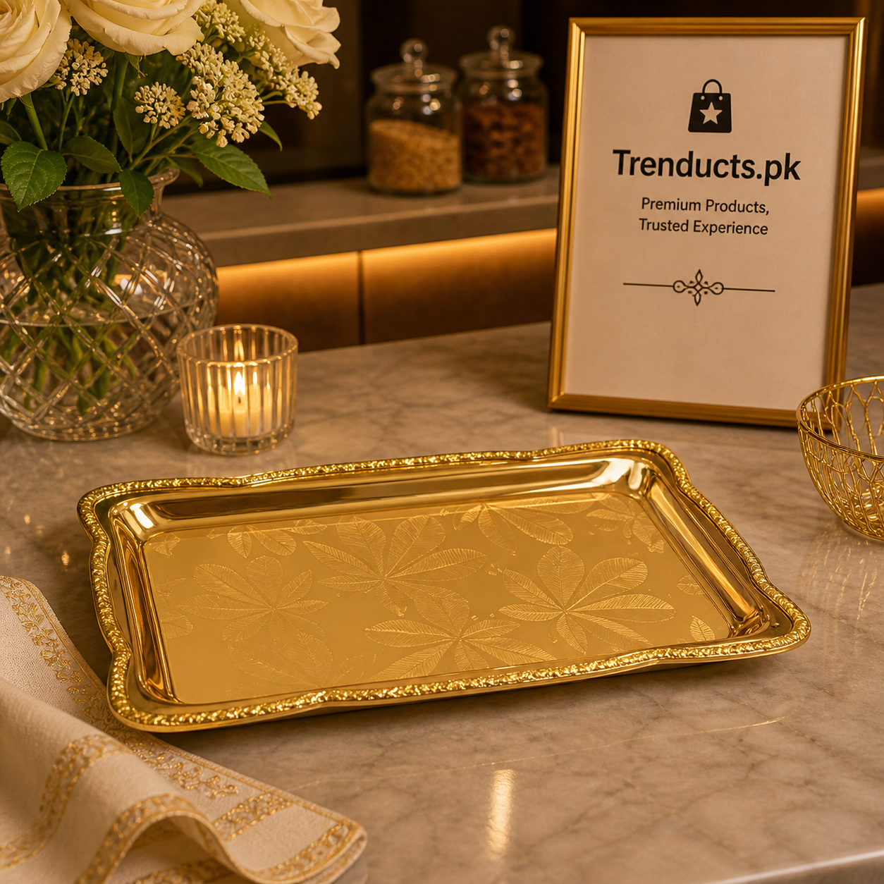 Luxurious Rectangular Golden Engraved Serving Tray (17x28cm)