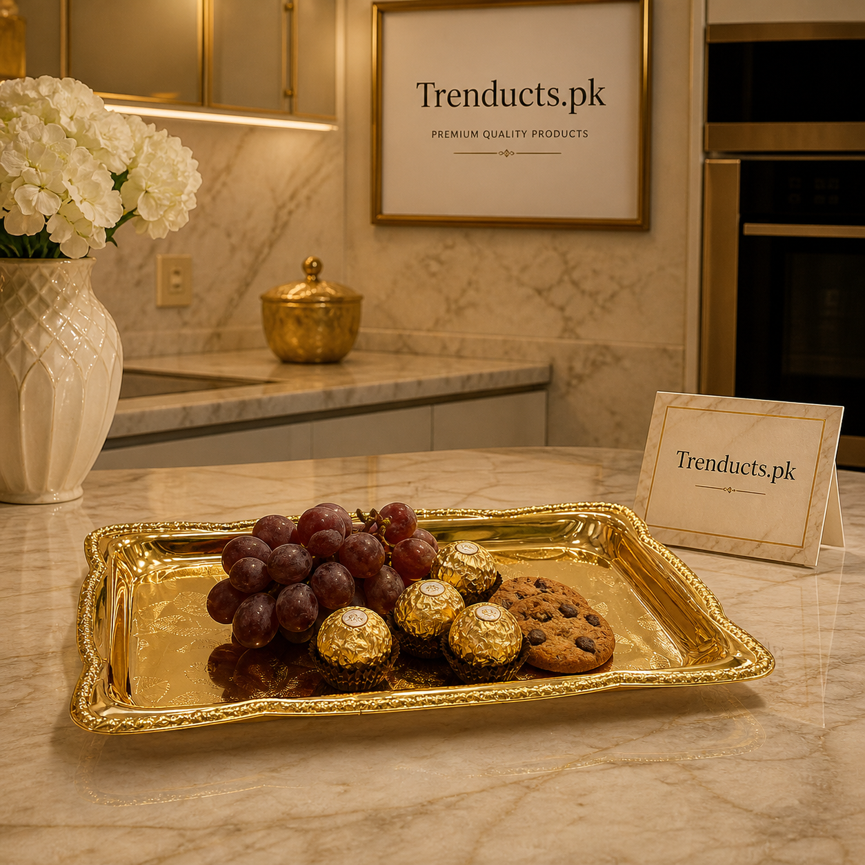 Luxurious Rectangular Golden Engraved Serving Tray (17x28cm)
