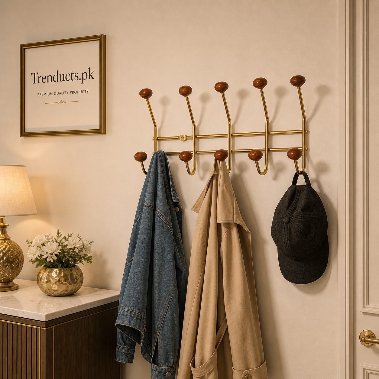 Premium Golden Stainless Steel Wall Hanger with Wooden Accents