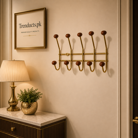 Premium Golden Stainless Steel Wall Hanger with Wooden Accents