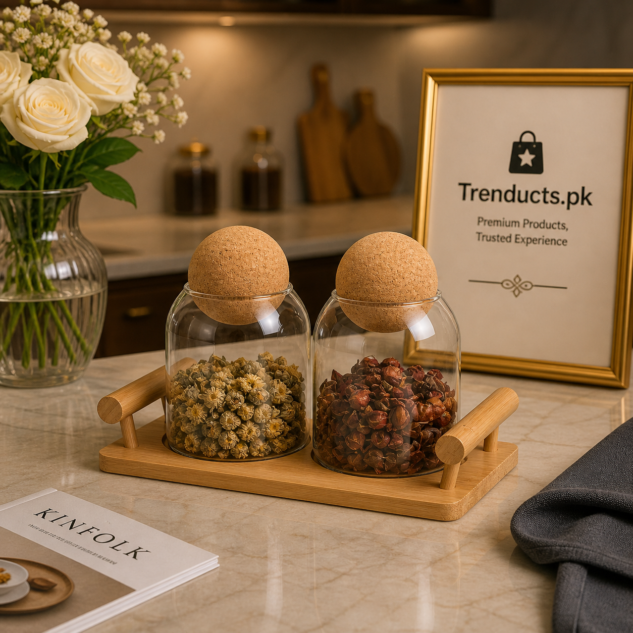 Minimalist Glass Jar Set with Wooden Display Rack