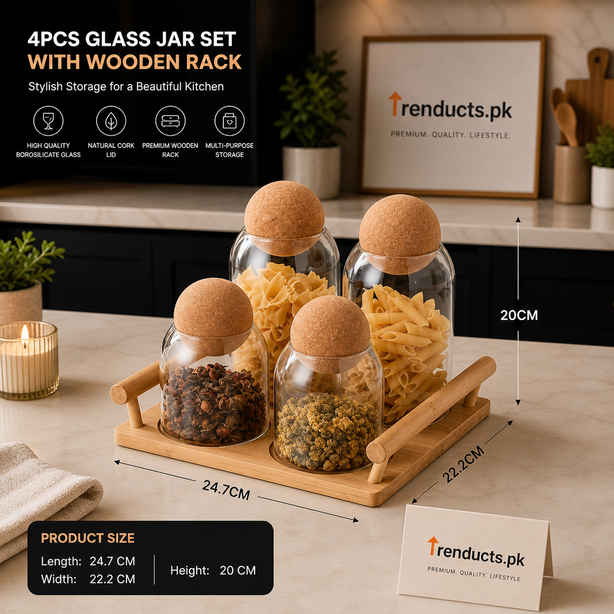 Minimalist 4-Piece Glass Jar Set with Wooden Display Rack