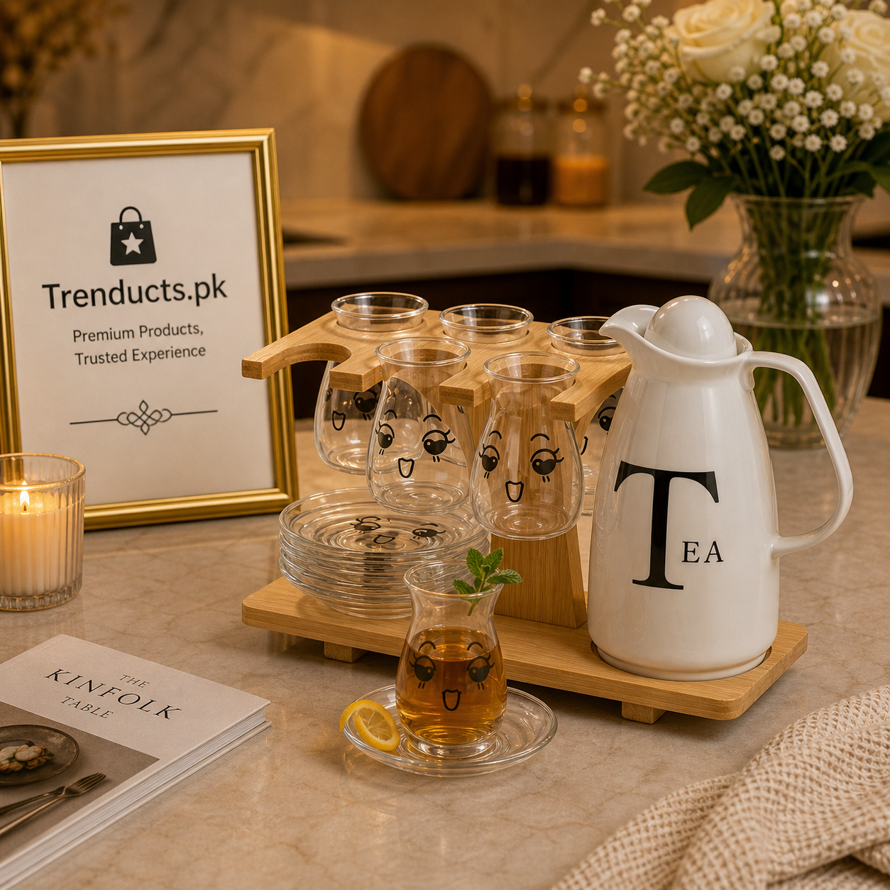 7-Piece Animated Glass Tea Set with Bamboo Organizer