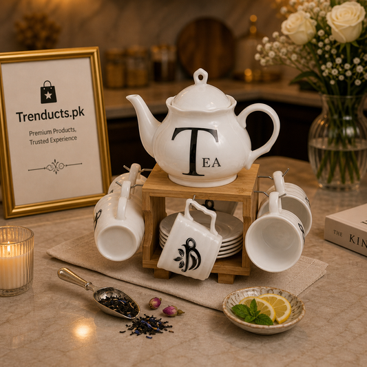 13-Piece Ceramic Tea Set with Bamboo Storage Rack