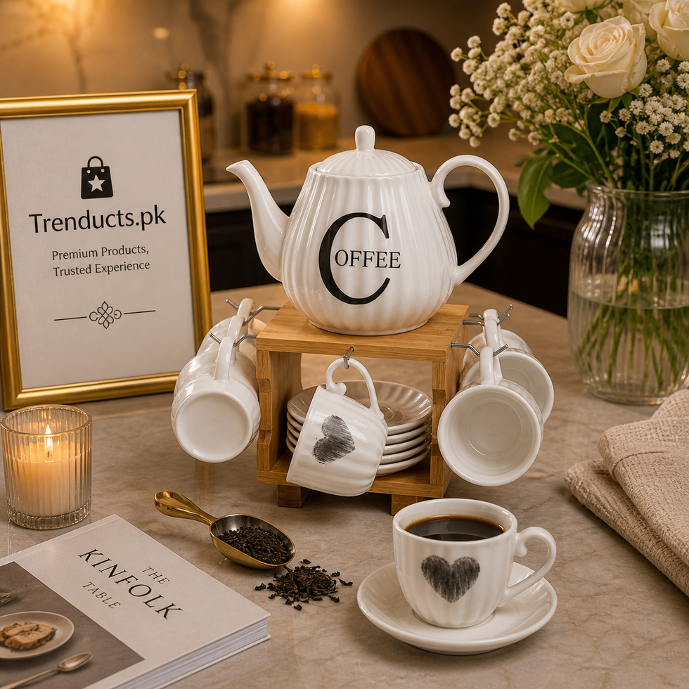 13-Piece Fluted Ceramic Coffee & Tea Set with Bamboo Stand