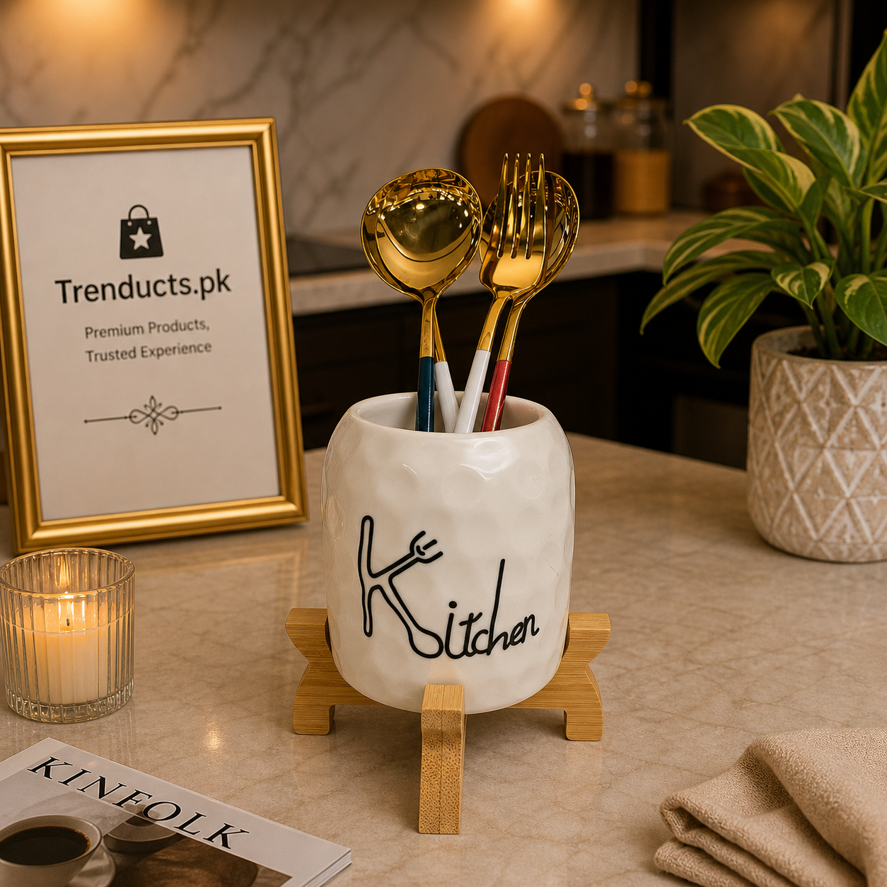 Premium Ceramic Kitchen Organizer with Wooden Stand