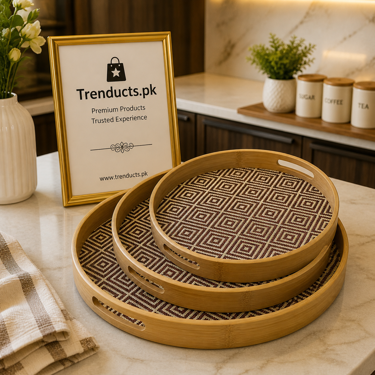 Round Bamboo Geometric Serving Tray Set – 3 Pieces