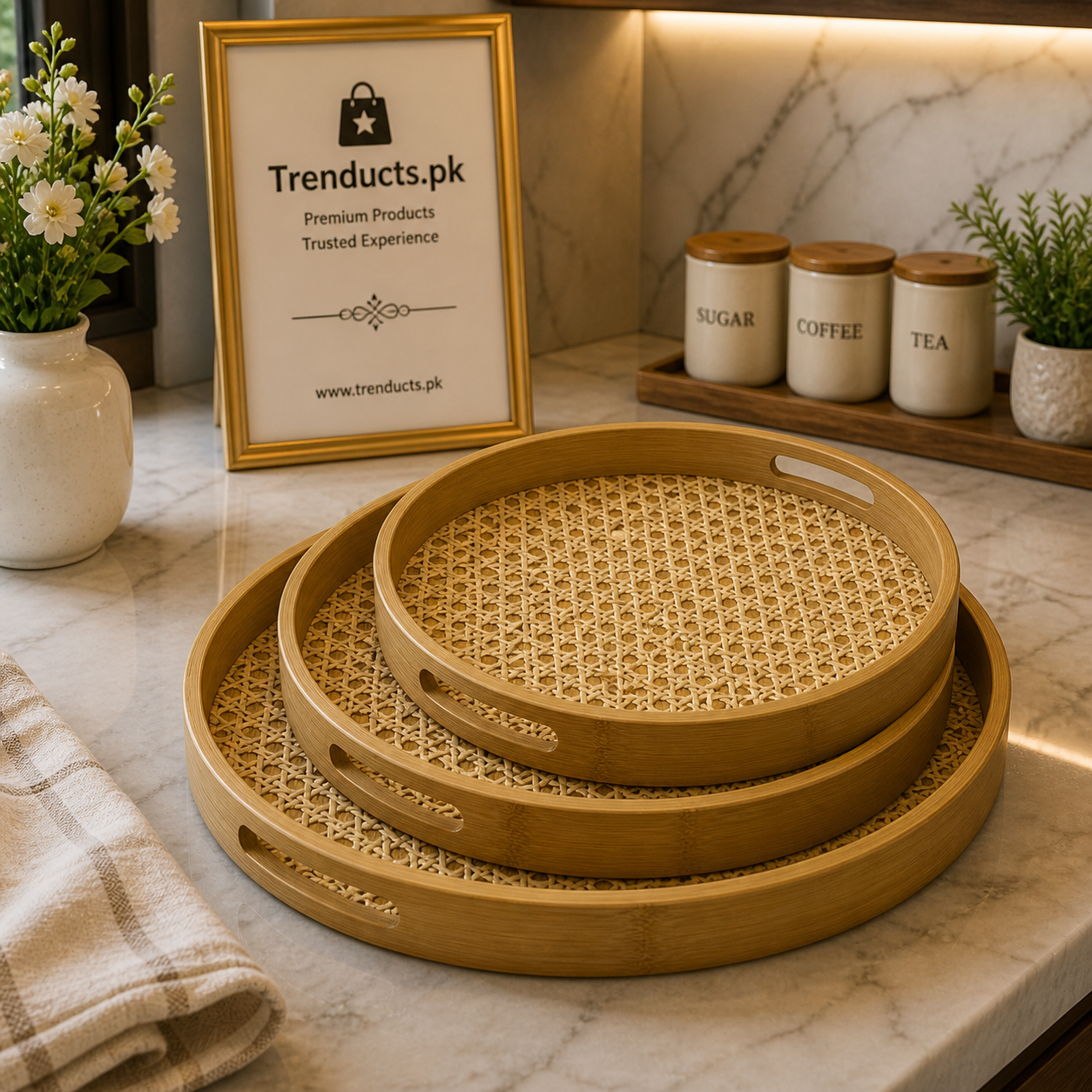 Artisanal Round Rattan & Bamboo Serving Tray Set – 3 Pieces