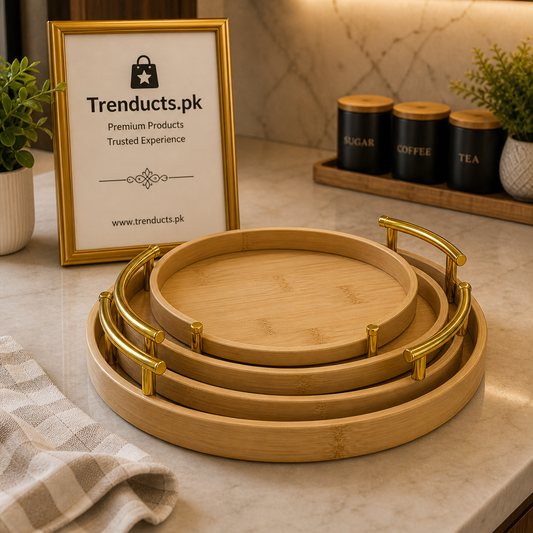 Luxury Round Bamboo Serving Tray Set with Gold Handles – 3 Pieces