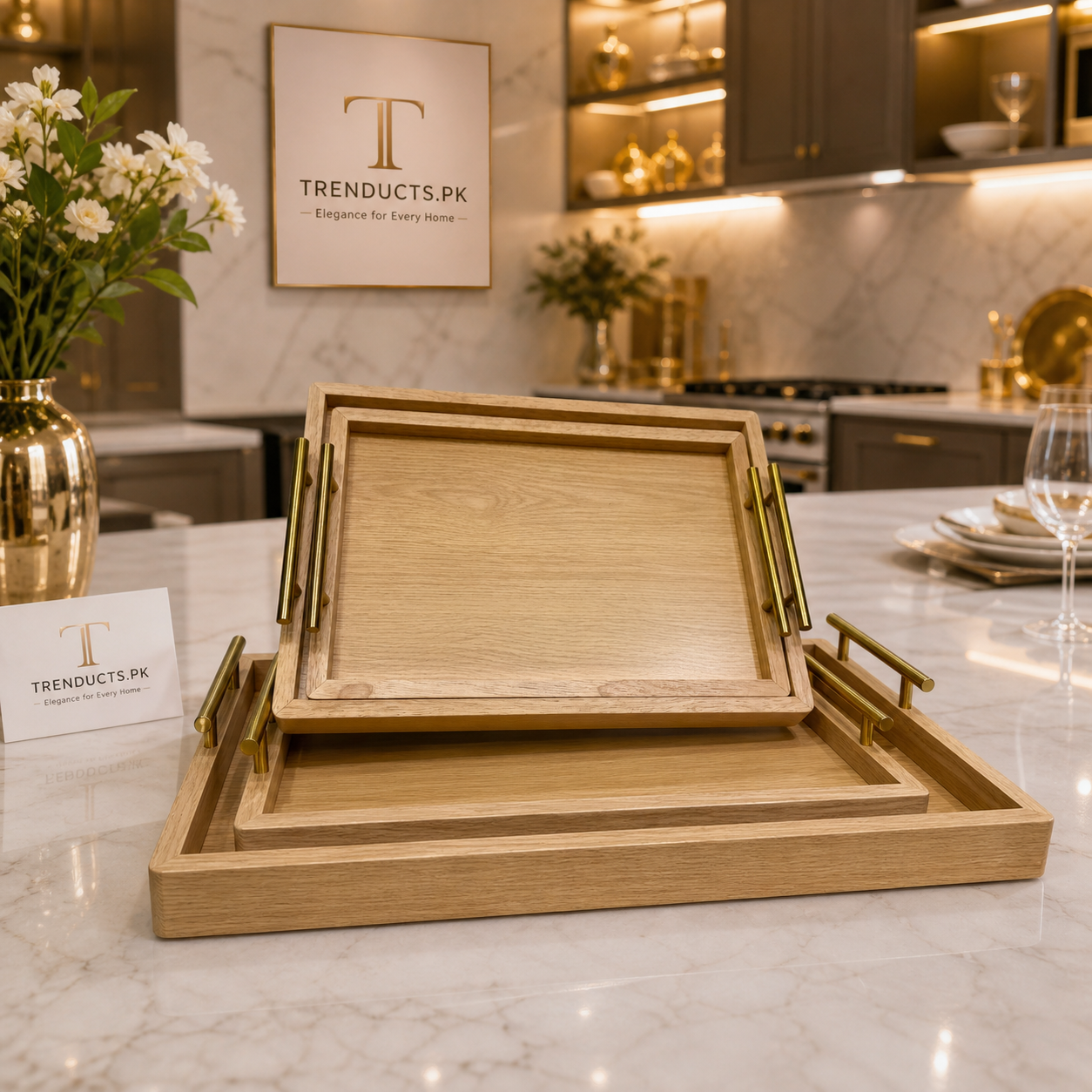 Luxury Rectangular Oak-Finish Tray Set with Gold Handles – 3 Pieces