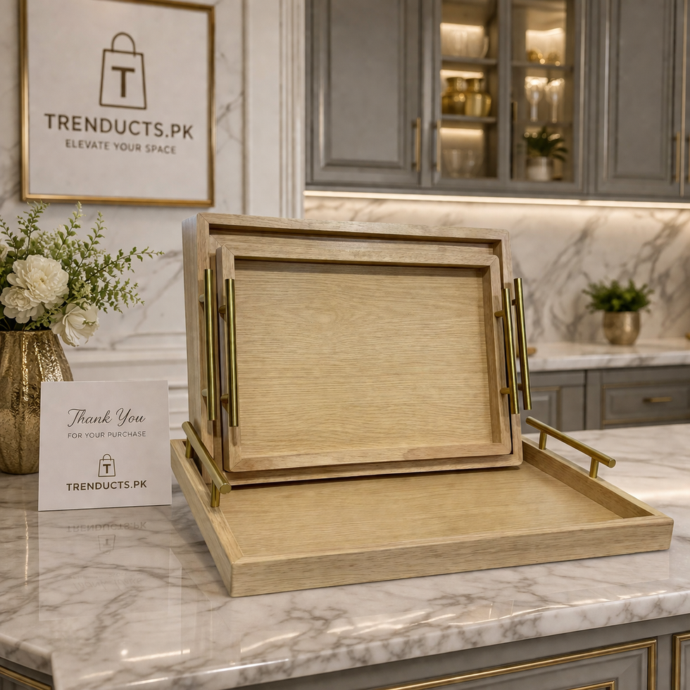 Luxury Rectangular Oak-Finish Tray Set with Gold Handles – 3 Pieces