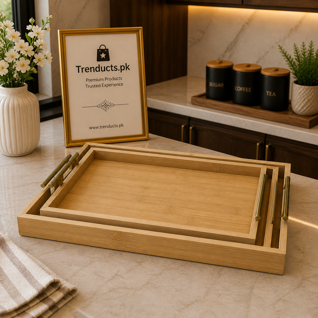 Luxury Rectangular Bamboo Tray Set with Gold Handles – 3 Pieces