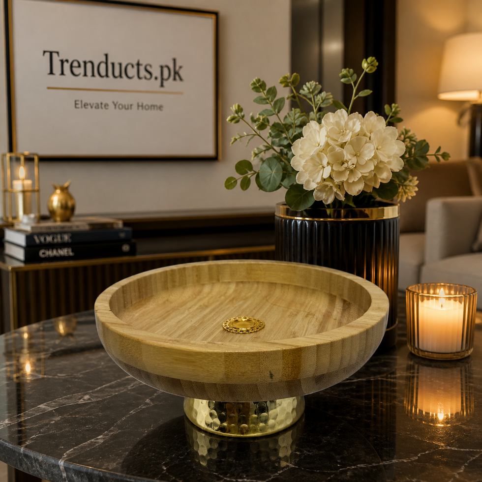 Pedestal Bamboo Serving Platter with Hammered Gold Base
