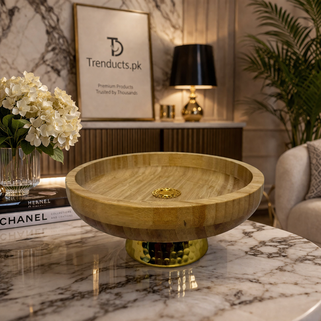 Pedestal Bamboo Serving Platter with Hammered Gold Base