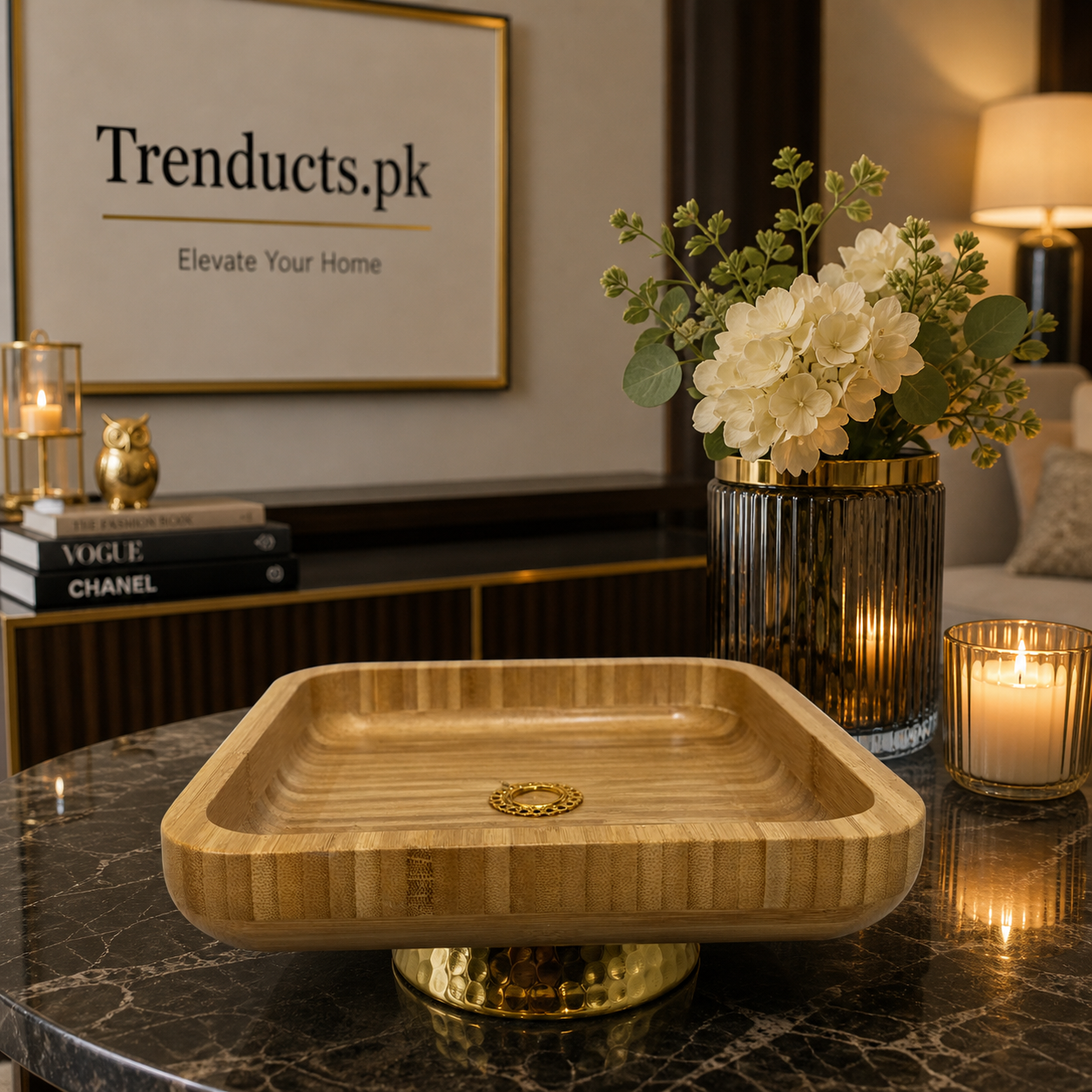 Square Pedestal Bamboo Serving Platter with Hammered Gold Base
