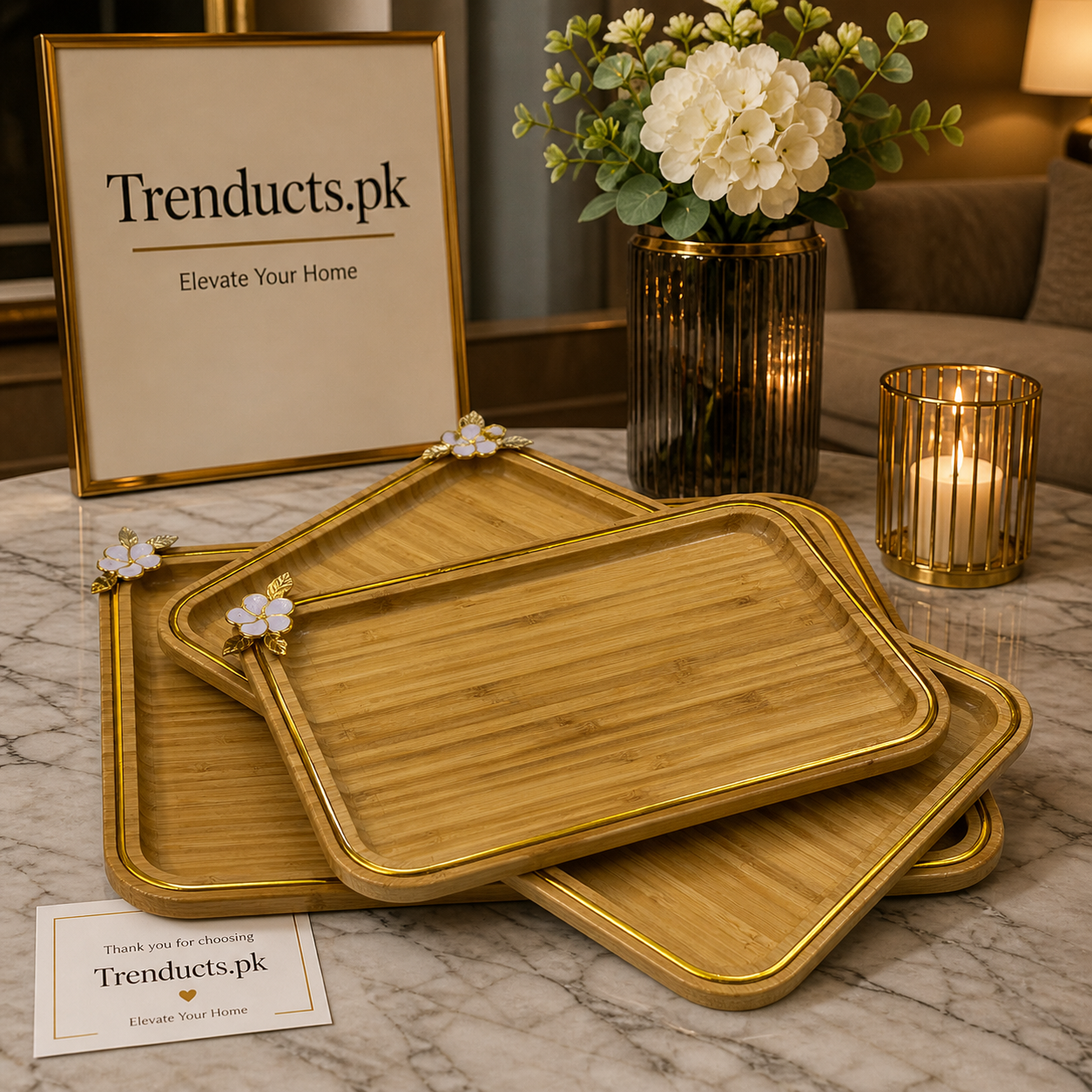 Premium 3-Piece Rectangular Bamboo Tray Set with Floral Accents