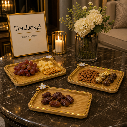Premium 3-Piece Rectangular Bamboo Tray Set with Floral Accents