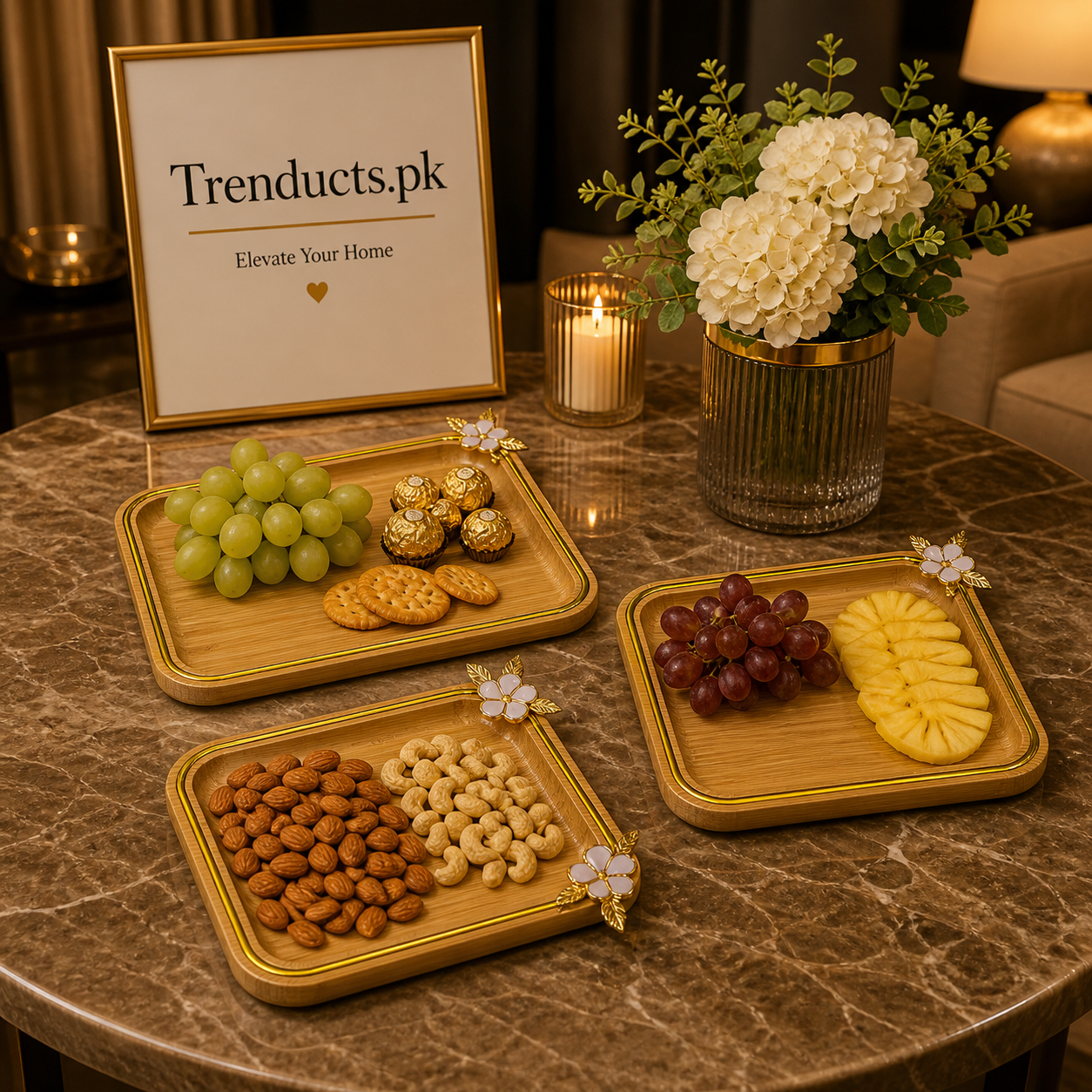 Premium 3-Piece Rectangular Bamboo Tray Set with Floral Accents