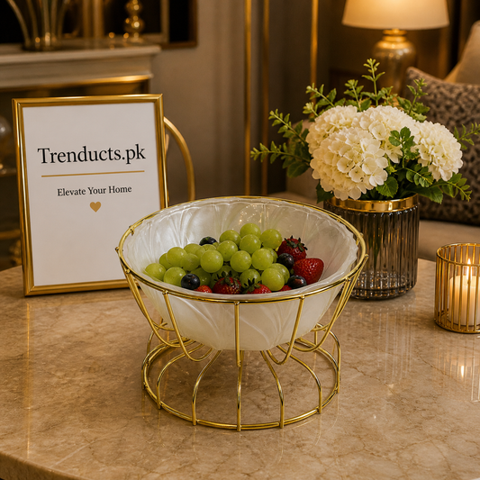 Elegant Frosted Glass Serving Bowl with Gold Metal Stand