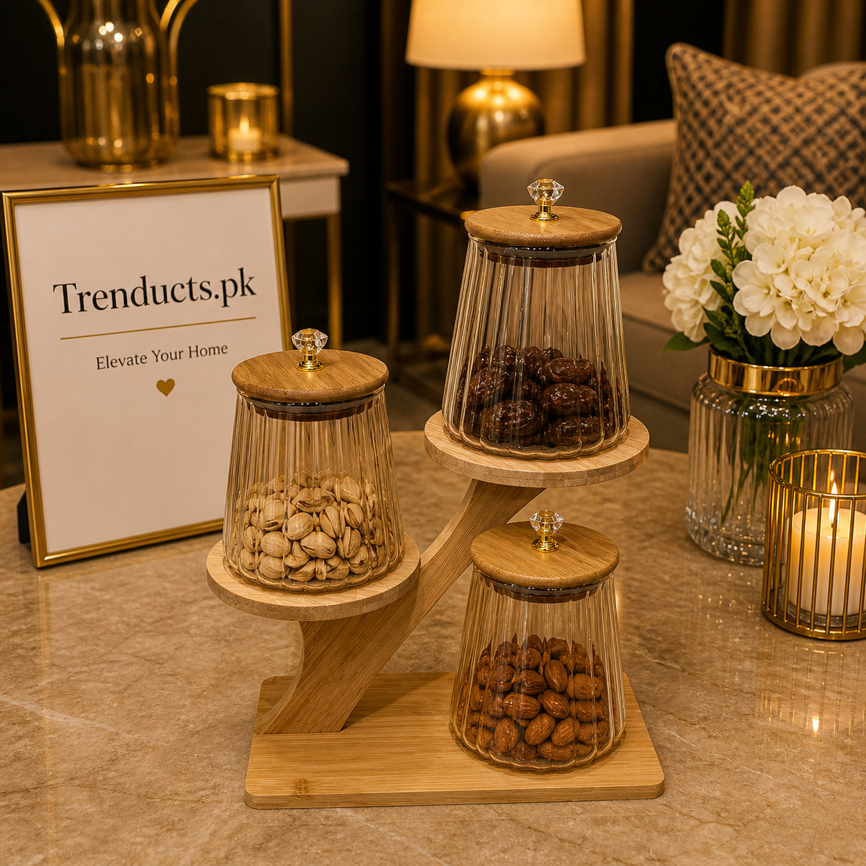 3-Piece Ribbed Amber Glass Jar Set with Tiered Bamboo Stand