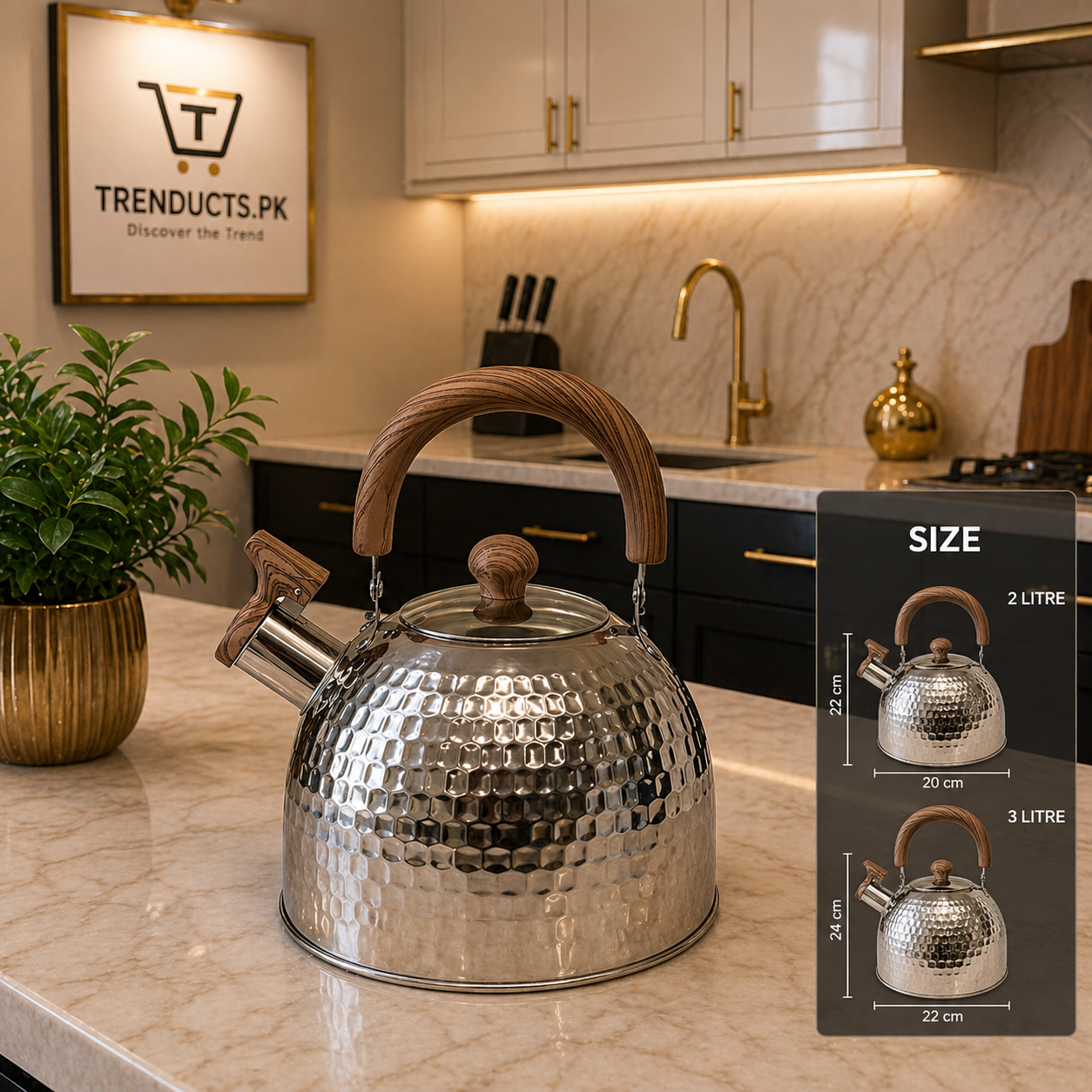Premium Hammered Whistling Tea Kettle with Wood-Finish Accents
