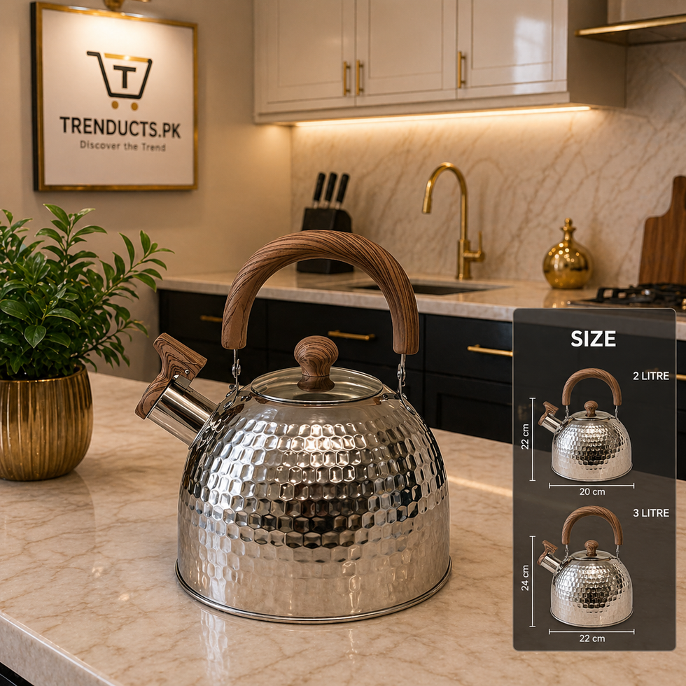 Premium Hammered Whistling Tea Kettle with Wood-Finish Accents