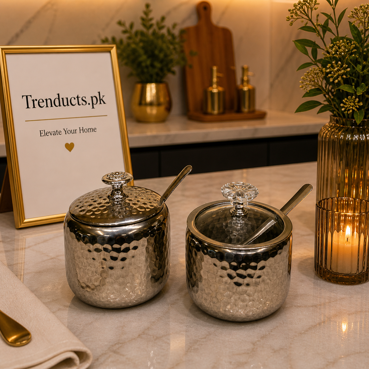 Premium Hammered Stainless Steel Sugar Pot with Spoon