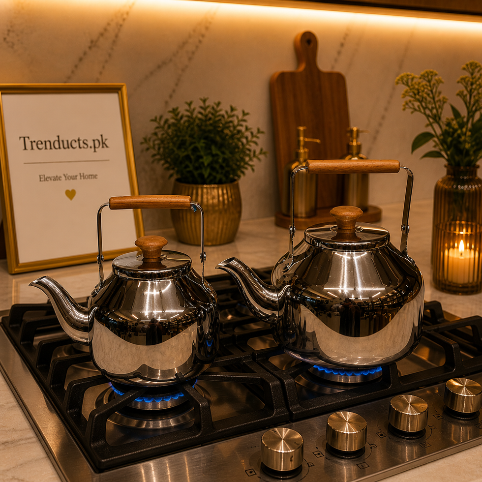 High-Shine Stainless Steel Kettle with Wooden Accents