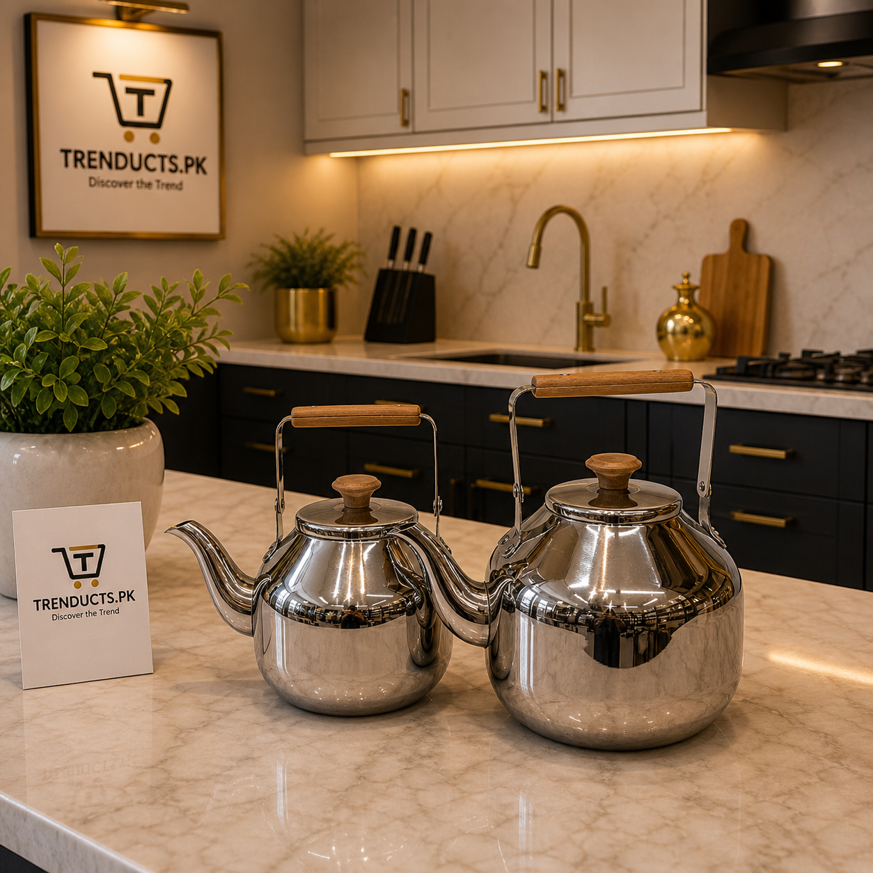 High-Shine Stainless Steel Kettle with Wooden Accents