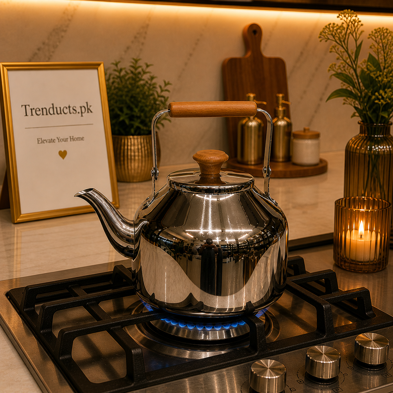 High-Shine Stainless Steel Kettle with Wooden Accents
