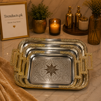 Luxury 3-Piece Stainless Steel Serving Tray Set with Islamic Art Etching