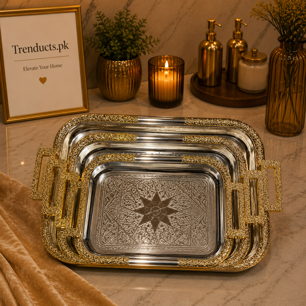 Luxury 3-Piece Stainless Steel Serving Tray Set with Islamic Art Etching