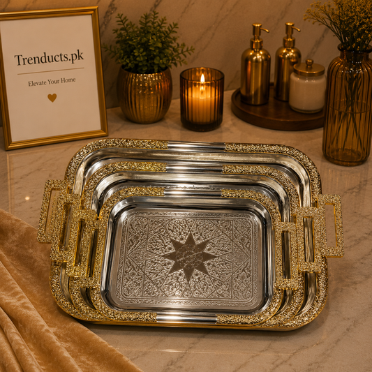 Luxury 3-Piece Stainless Steel Serving Tray Set with Islamic Art Etching